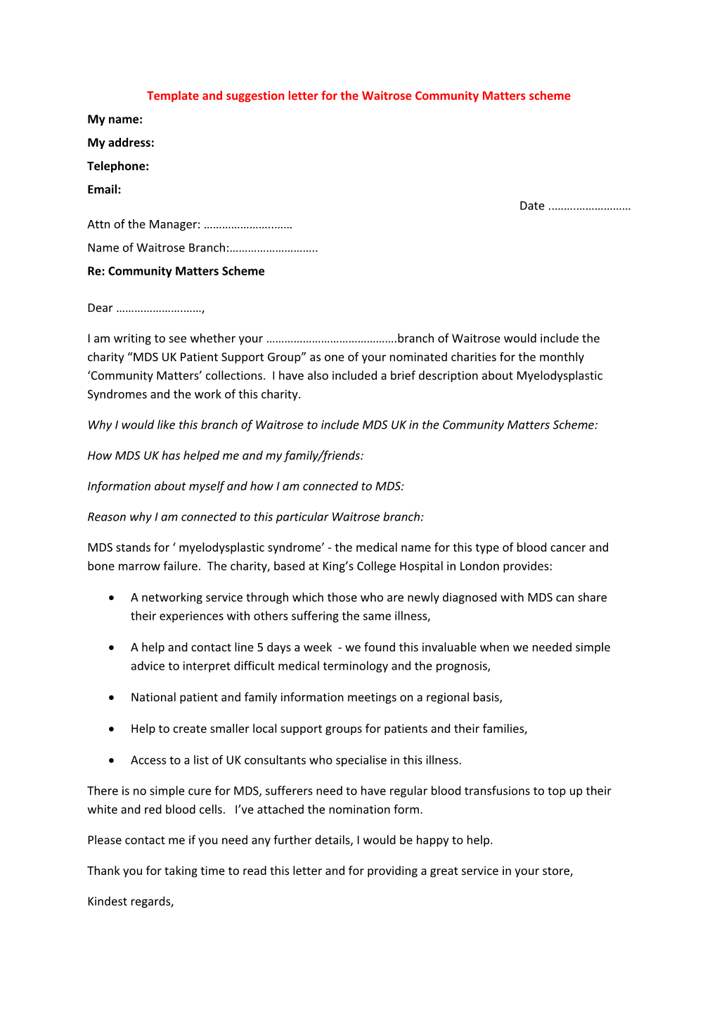 Template and Suggestion Letter for the Waitrose Community Matters Scheme
