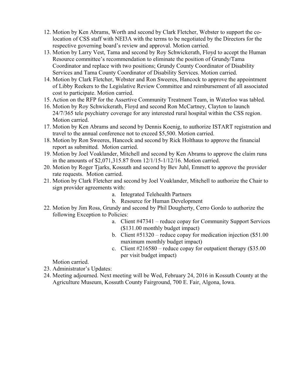 County Social Services January 2016 Board Minutes