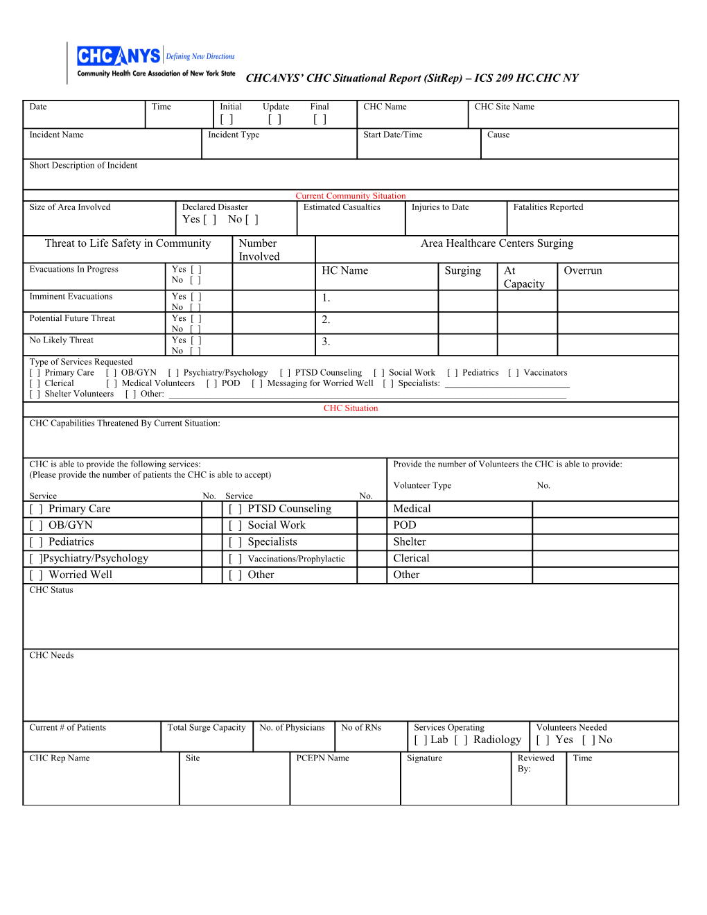 CHCANYS CHC Situational Report (Sitrep) ICS 209 HC