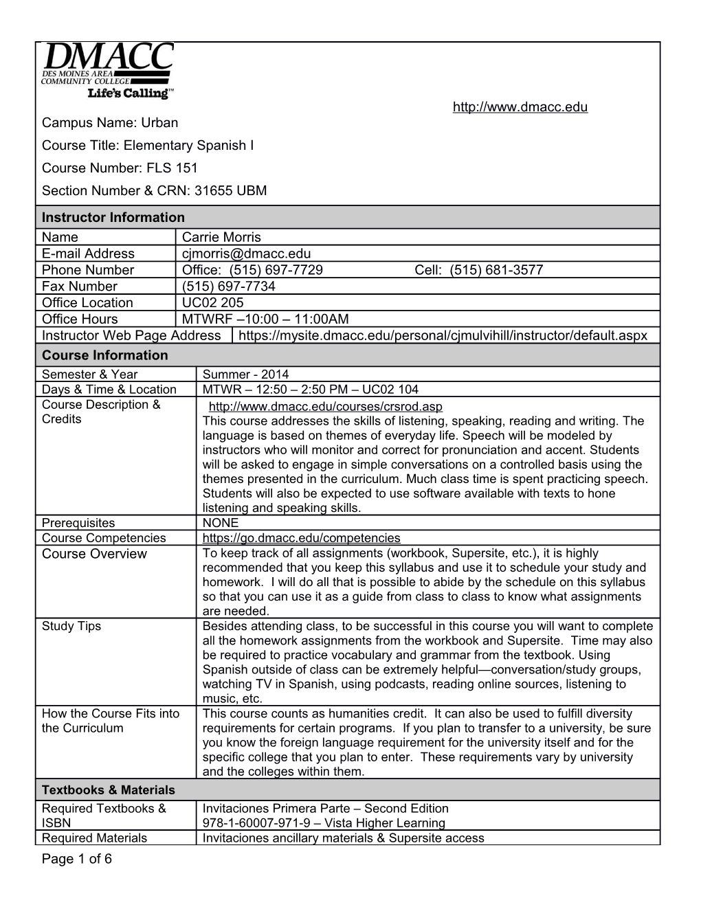 Syllabus Template - Table Format