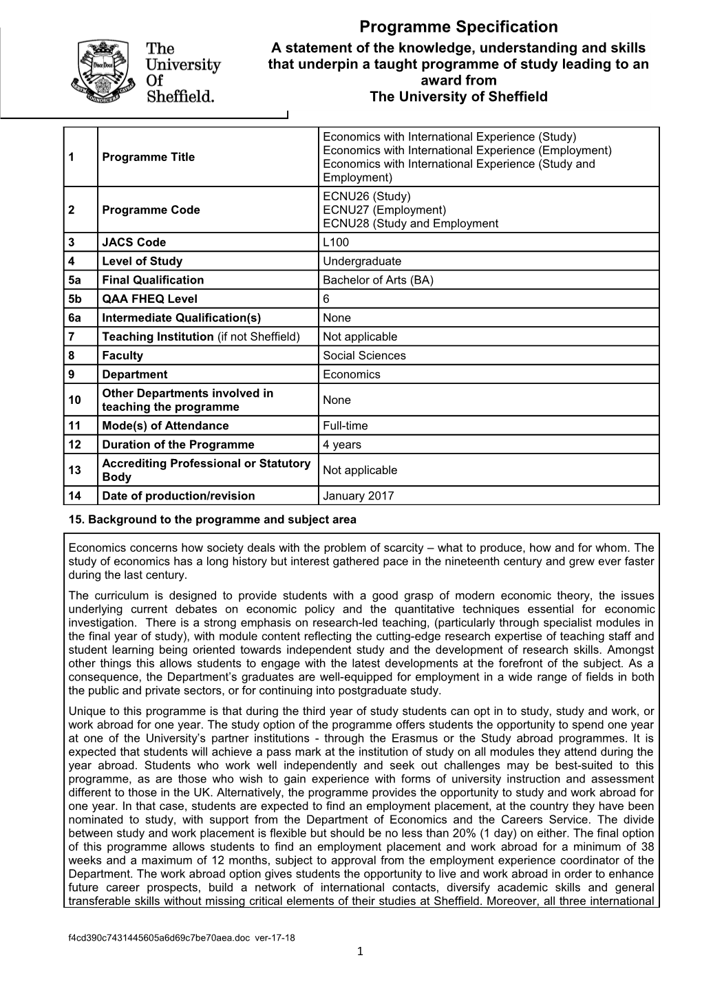 15. Background to the Programme and Subject Area