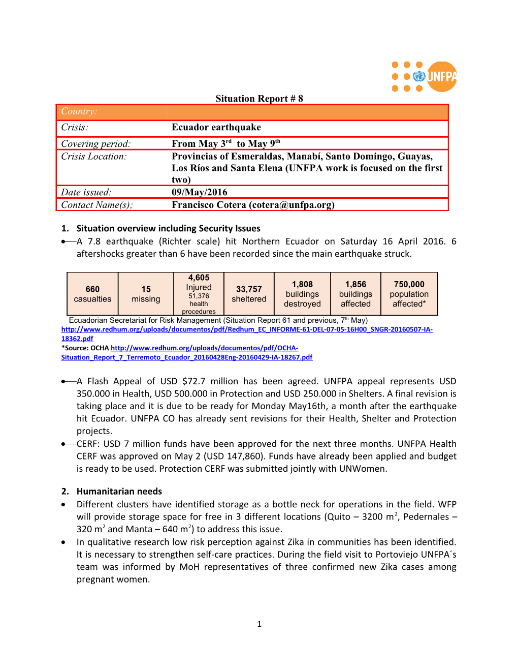 The UNFPA Standard Operating Procedures for Humanitarian Settings