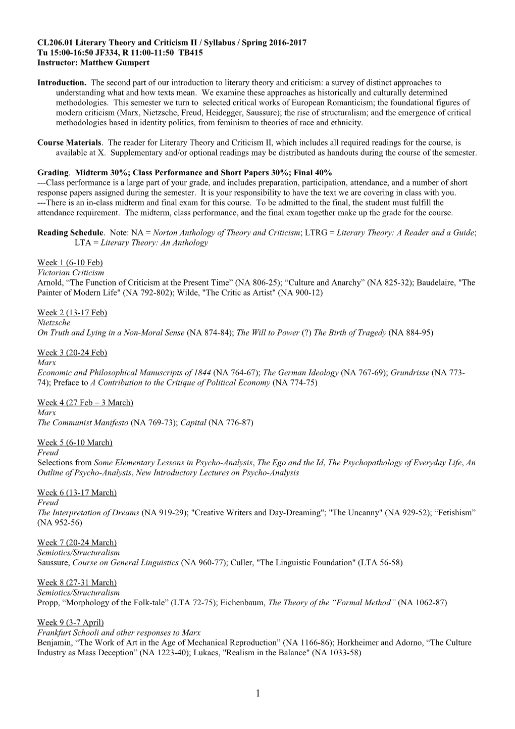 CL206.01 Literary Theory and Criticism II / Syllabus / Spring 2016-2017