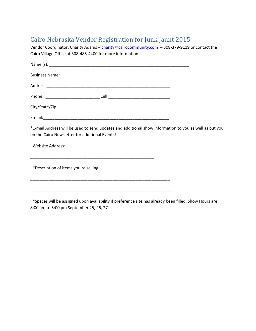 Cairo Nebraska Vendor Registration for Junk Jaunt 2015