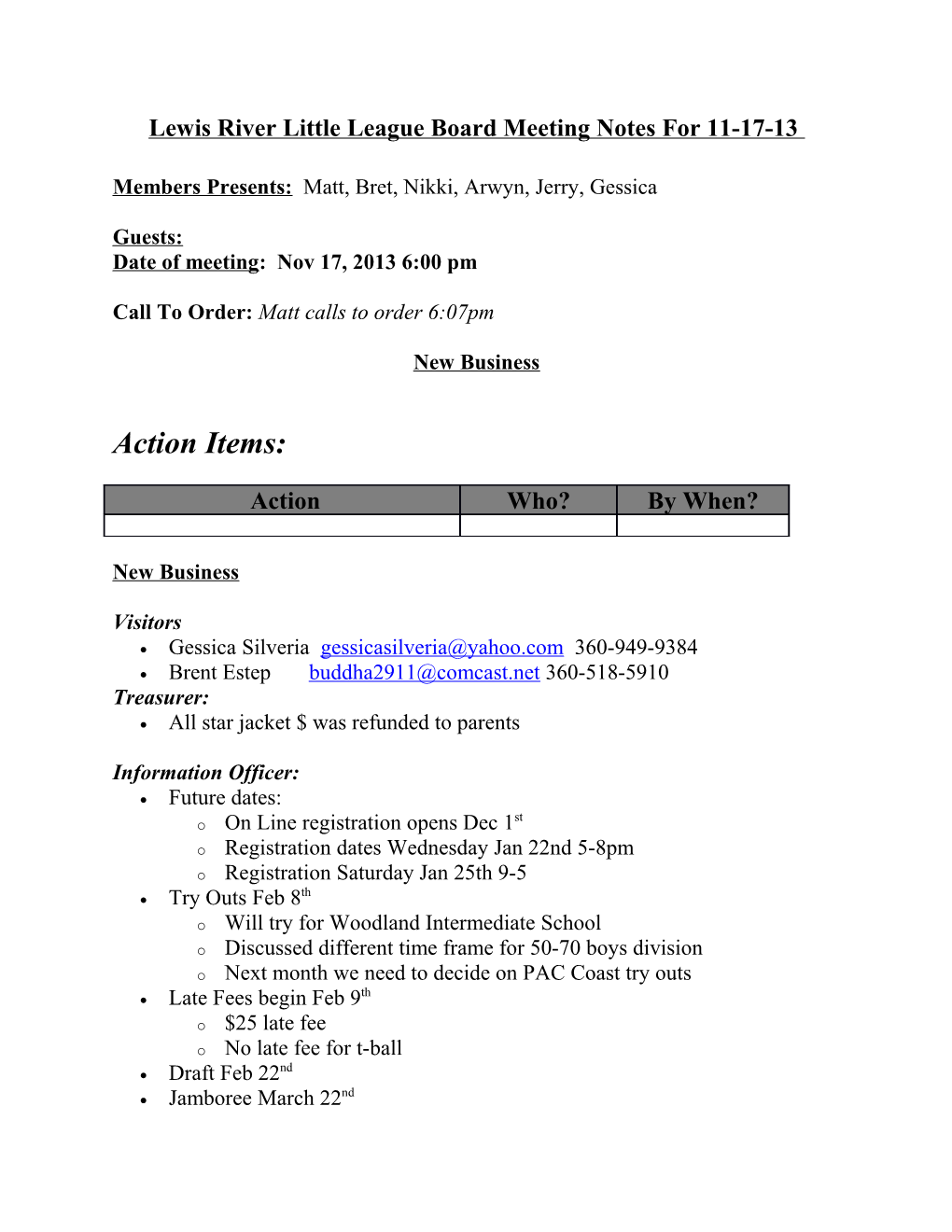 Lewis River Little League Board Meeting Notes for 11-17-13
