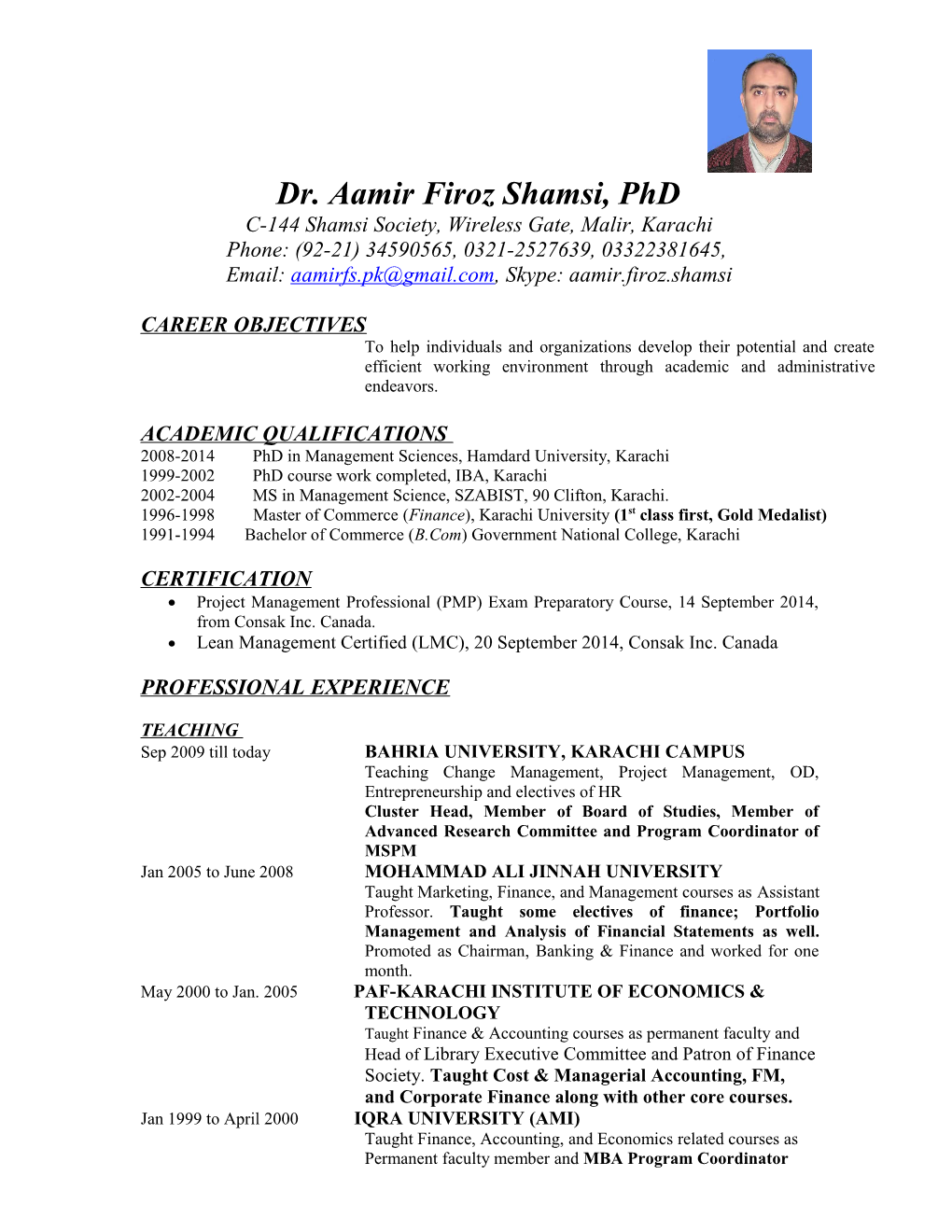 Dr. Aamir Firoz Shamsi, Phd