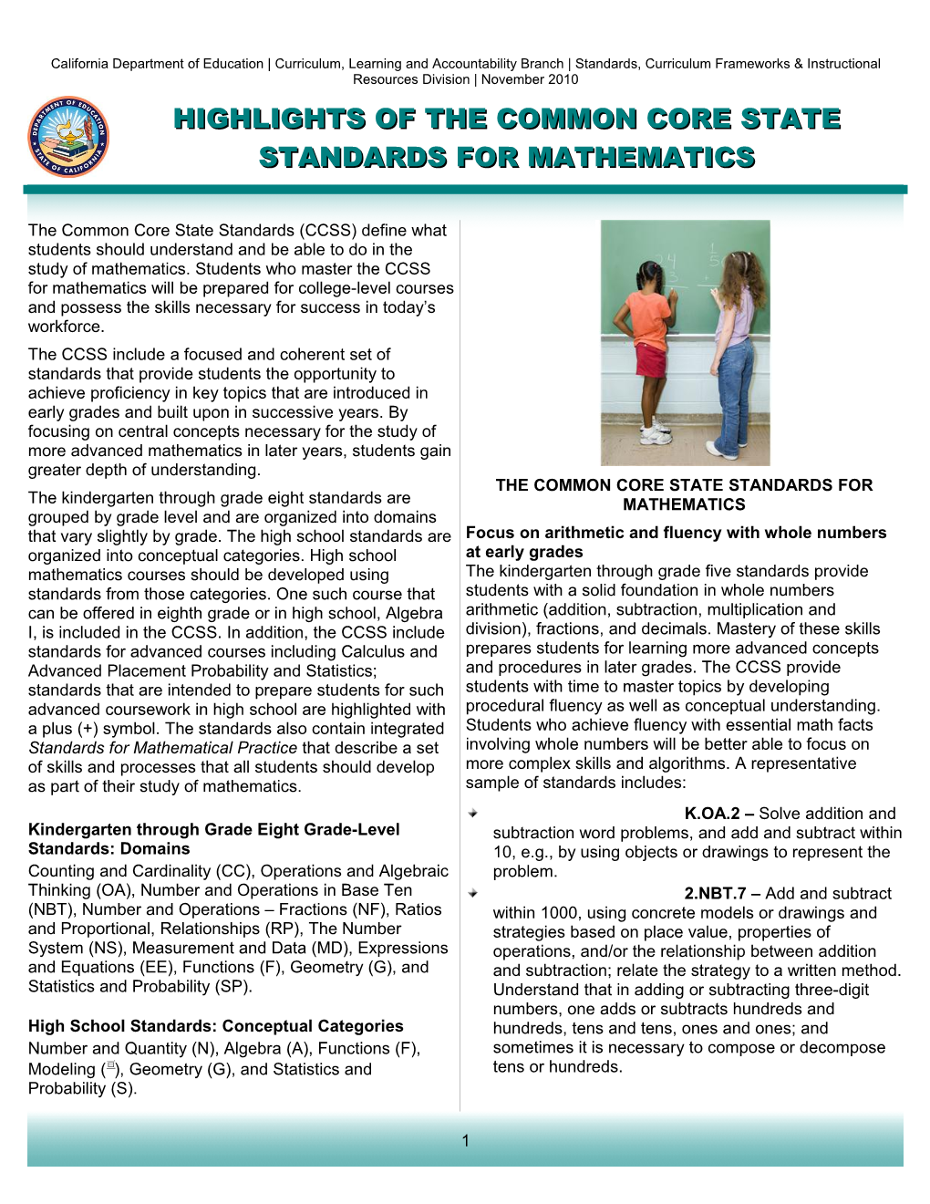 Highlights for Math - CCSS Resources (CA Dept of Education)