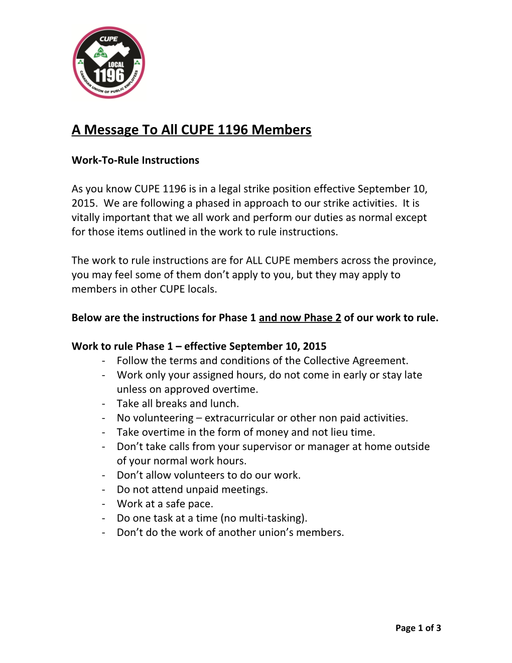 A Message to All CUPE 1196 Members