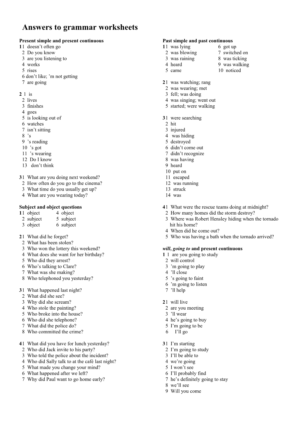 Answers to Grammar Worksheets