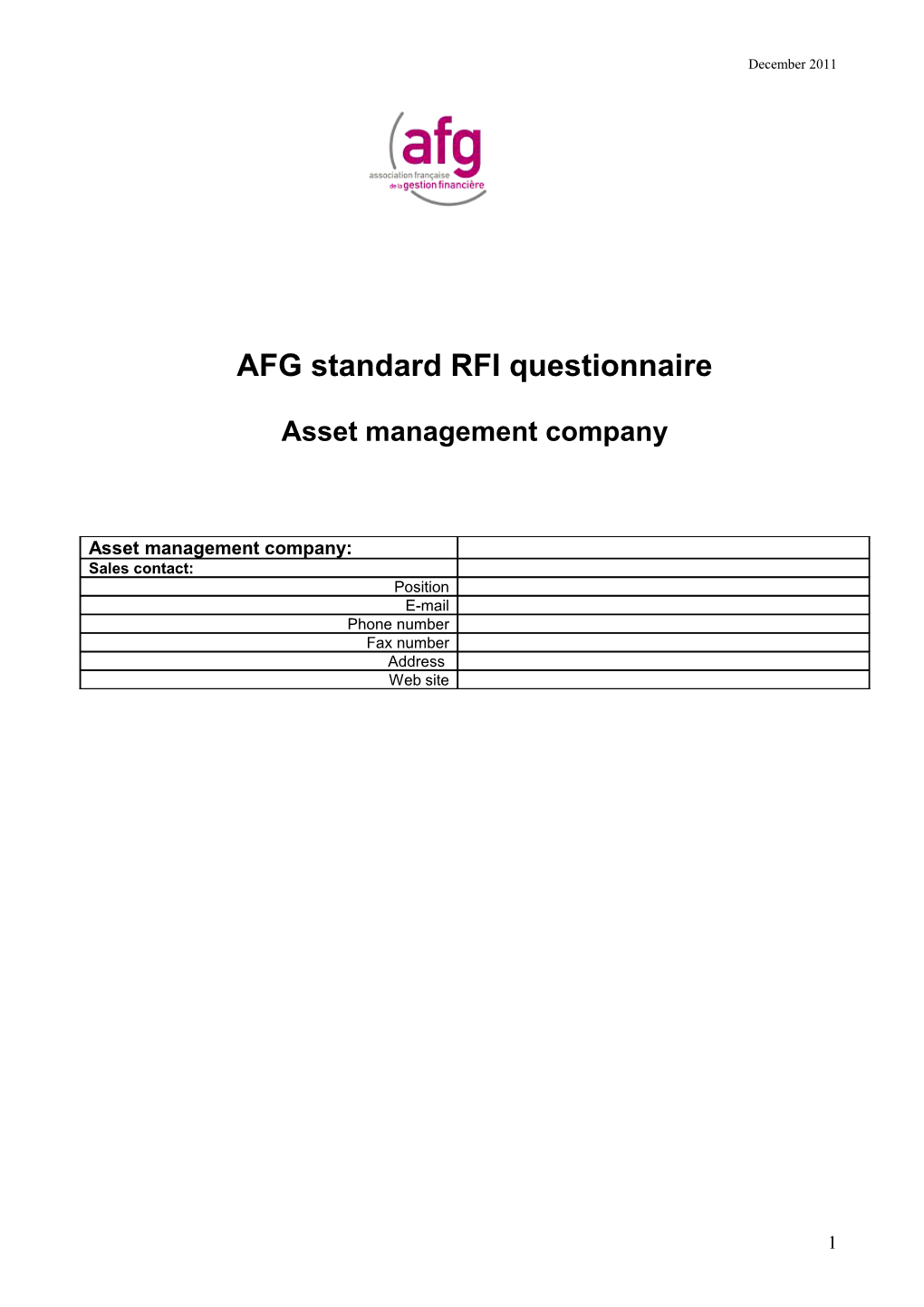 AFG Standard RFI Questionnaire