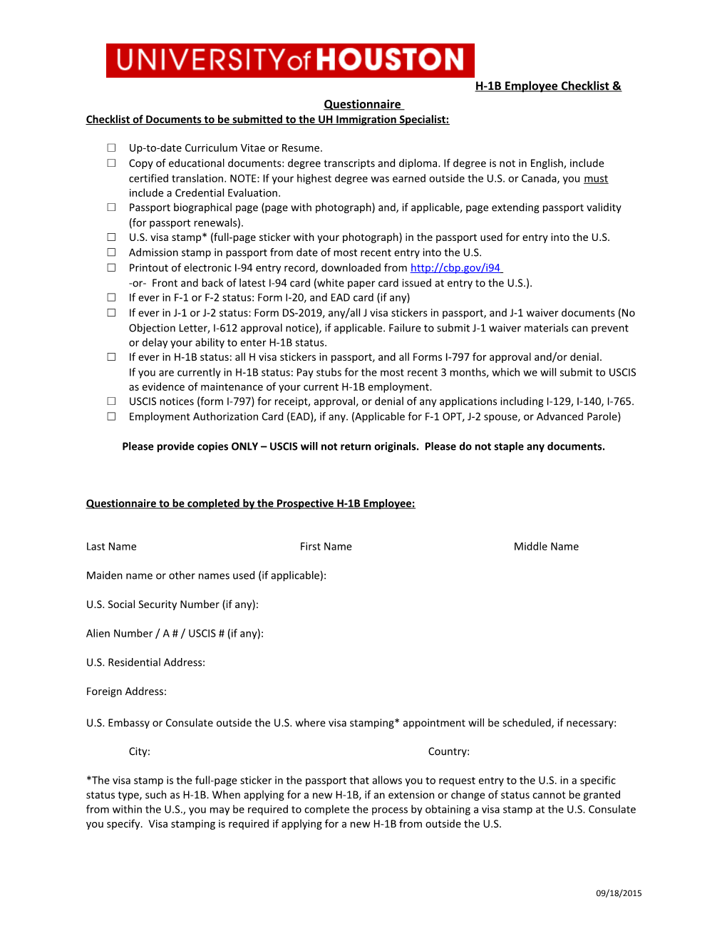 Checklist of Documents to Be Submitted to the UH Immigration Specialist