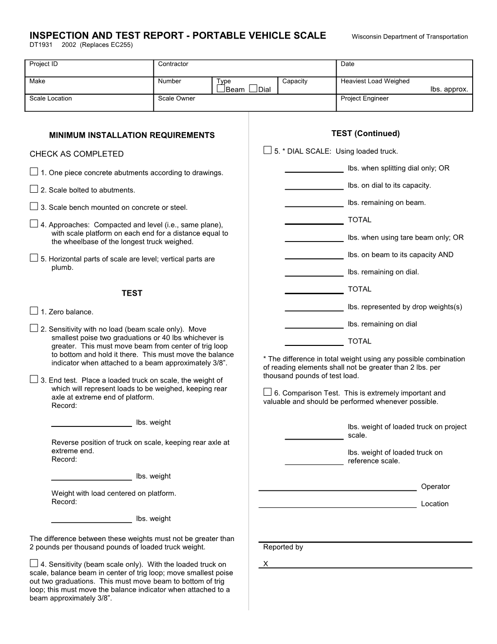 DT1931 Inspection and Test - Portable Vehicle Scale Report