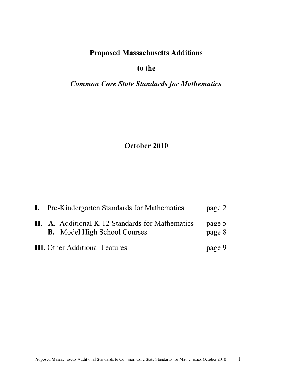 Proposed Massachusetts Additions to the Common Core State Standards for Mathematics, October