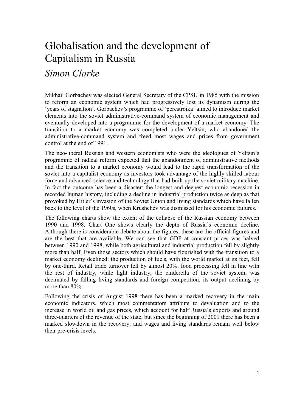 Globalisation and the Development of Capitalism in Russia