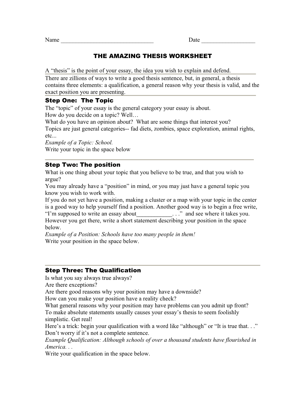 The Amazing Thesis Worksheet