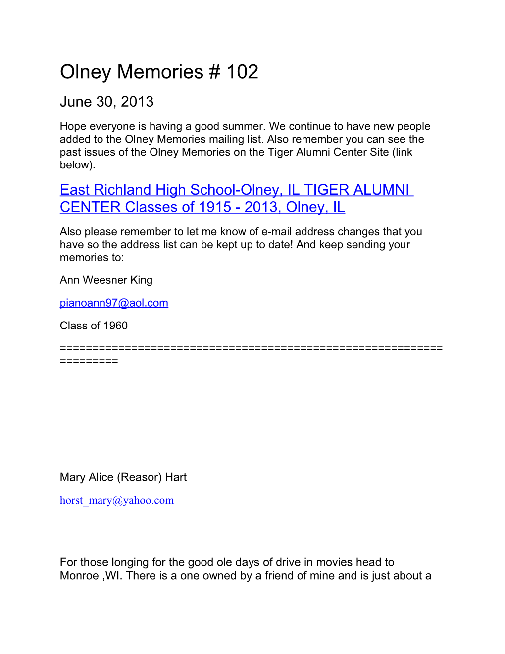 East Richland High School-Olney, IL TIGER ALUMNI CENTER Classes of 1915 - 2013, Olney, IL