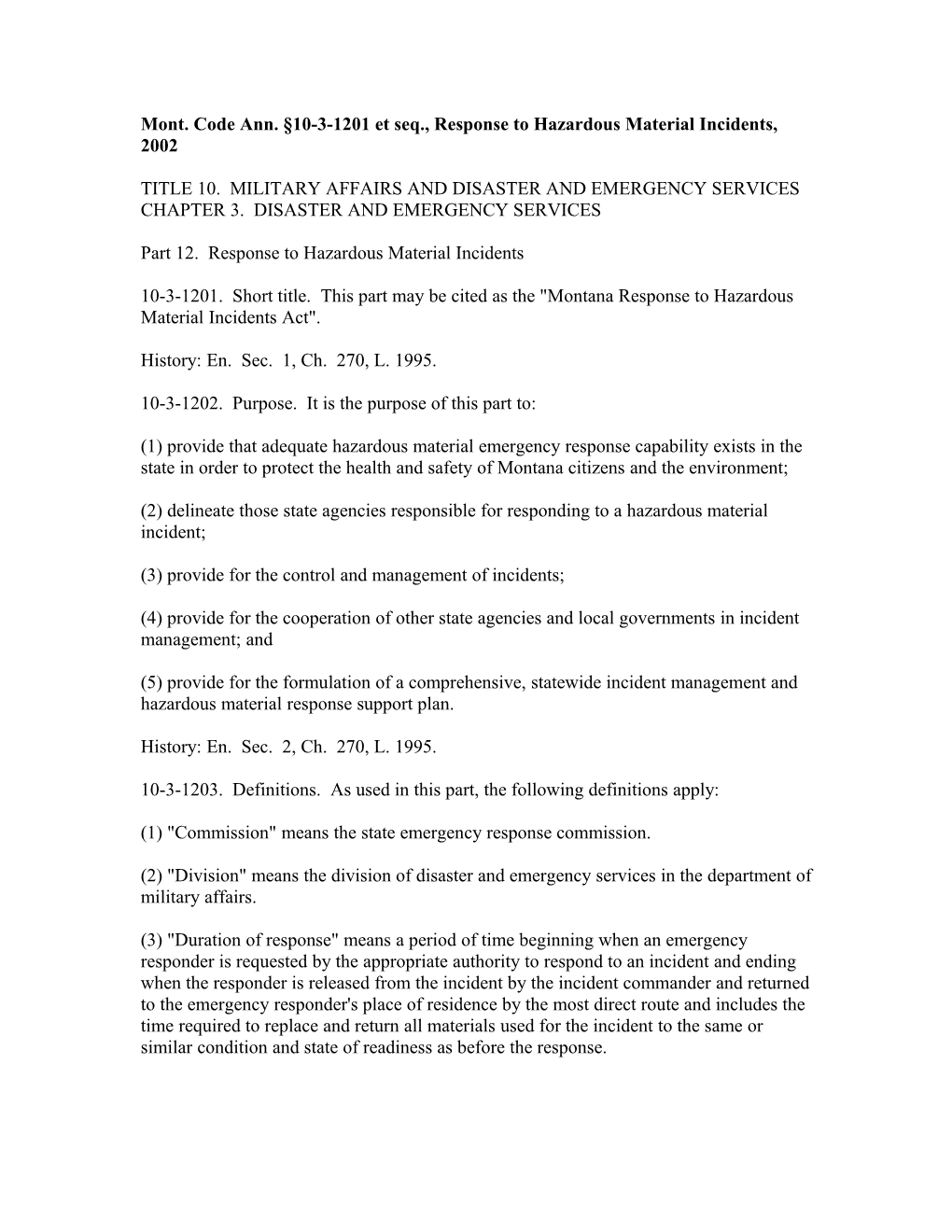Mont. Code Ann. 10-3-1201 Et Seq., Response to Hazardous Material Incidents, 2002