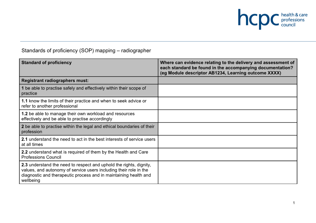Standards of Proficiency (SOP) Mapping Radiographer