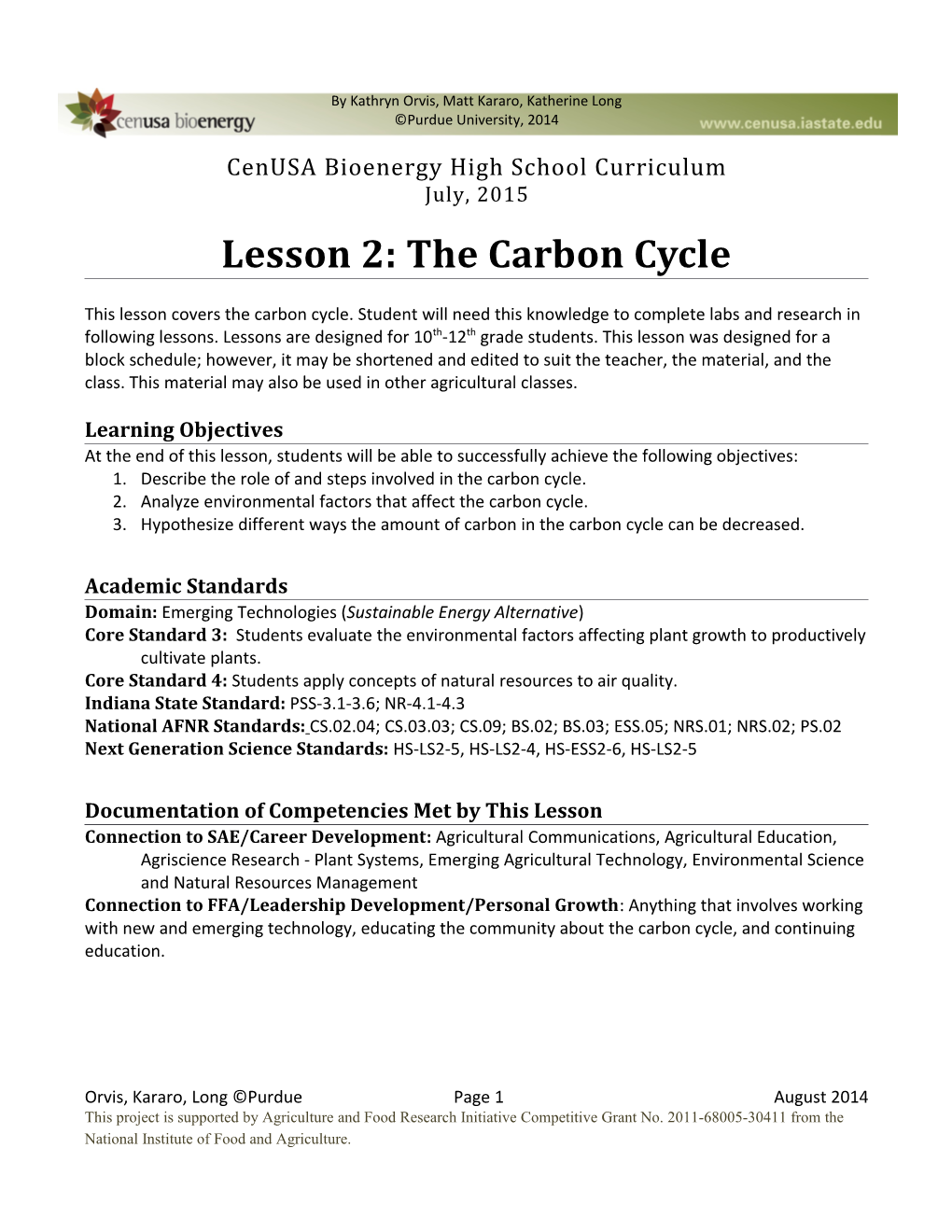 Cenusa Bioenergy High School Curriculum July, 2015