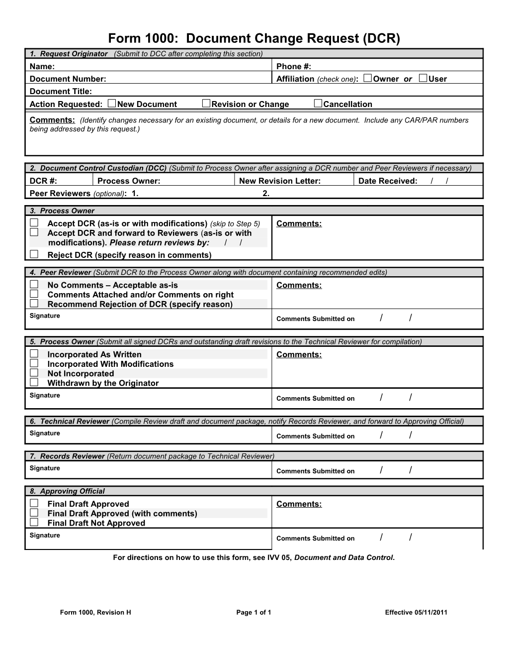 Document Change Request (DCR) IMS Form 1000