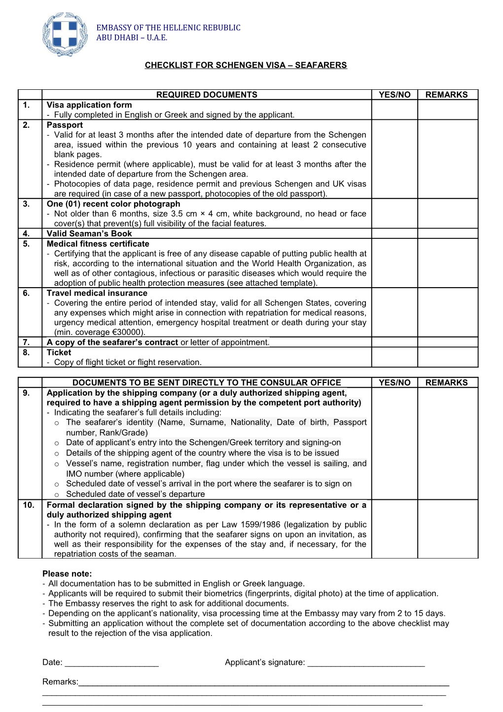 Checklist for Schengen Visa Seafarers