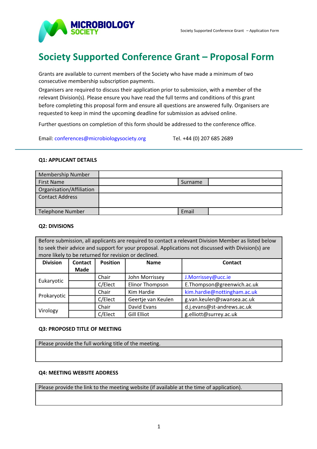 Society Supported Conference Grant Proposal Form