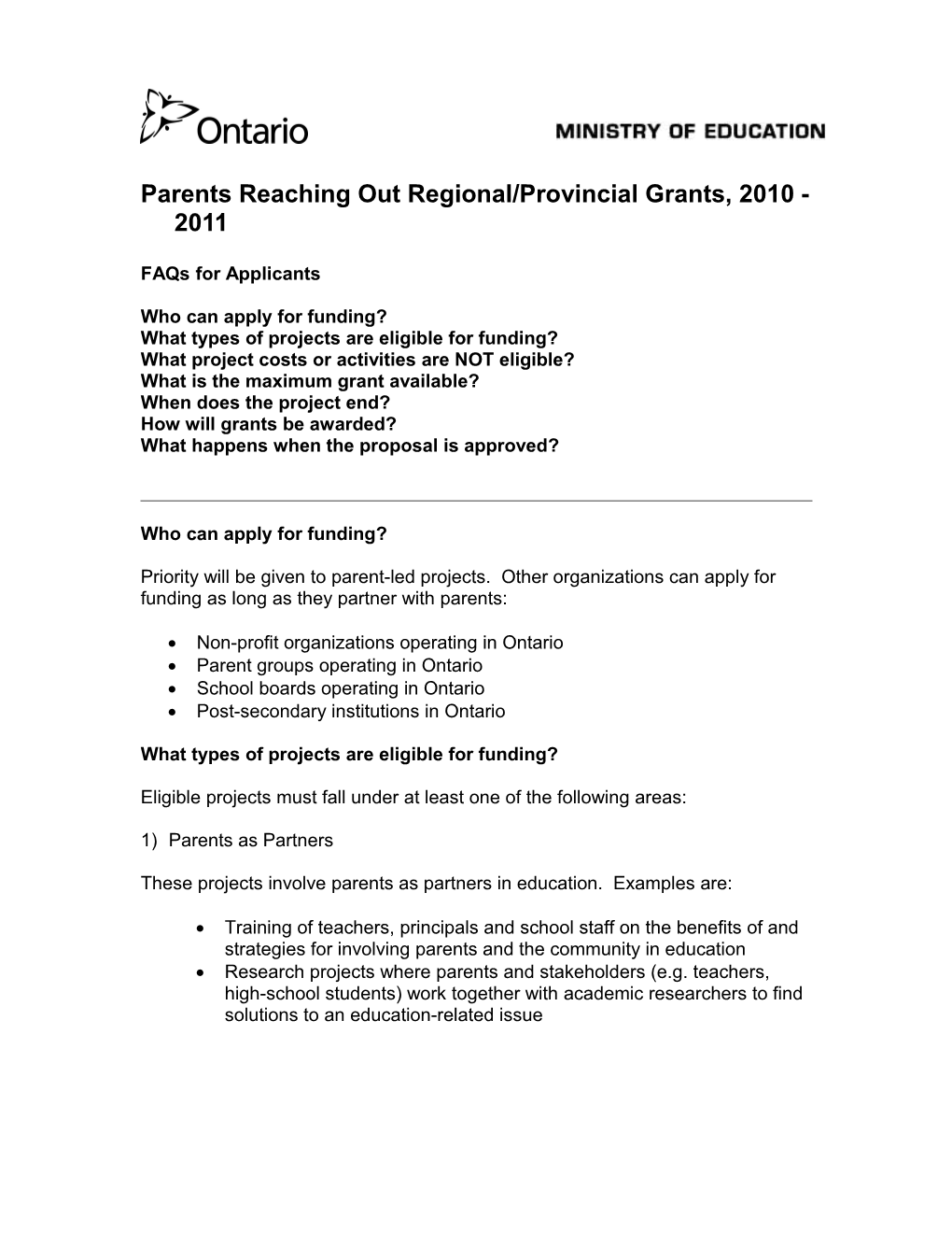 Parents Reaching Out Regional/Provincial Grants, 2007-2008