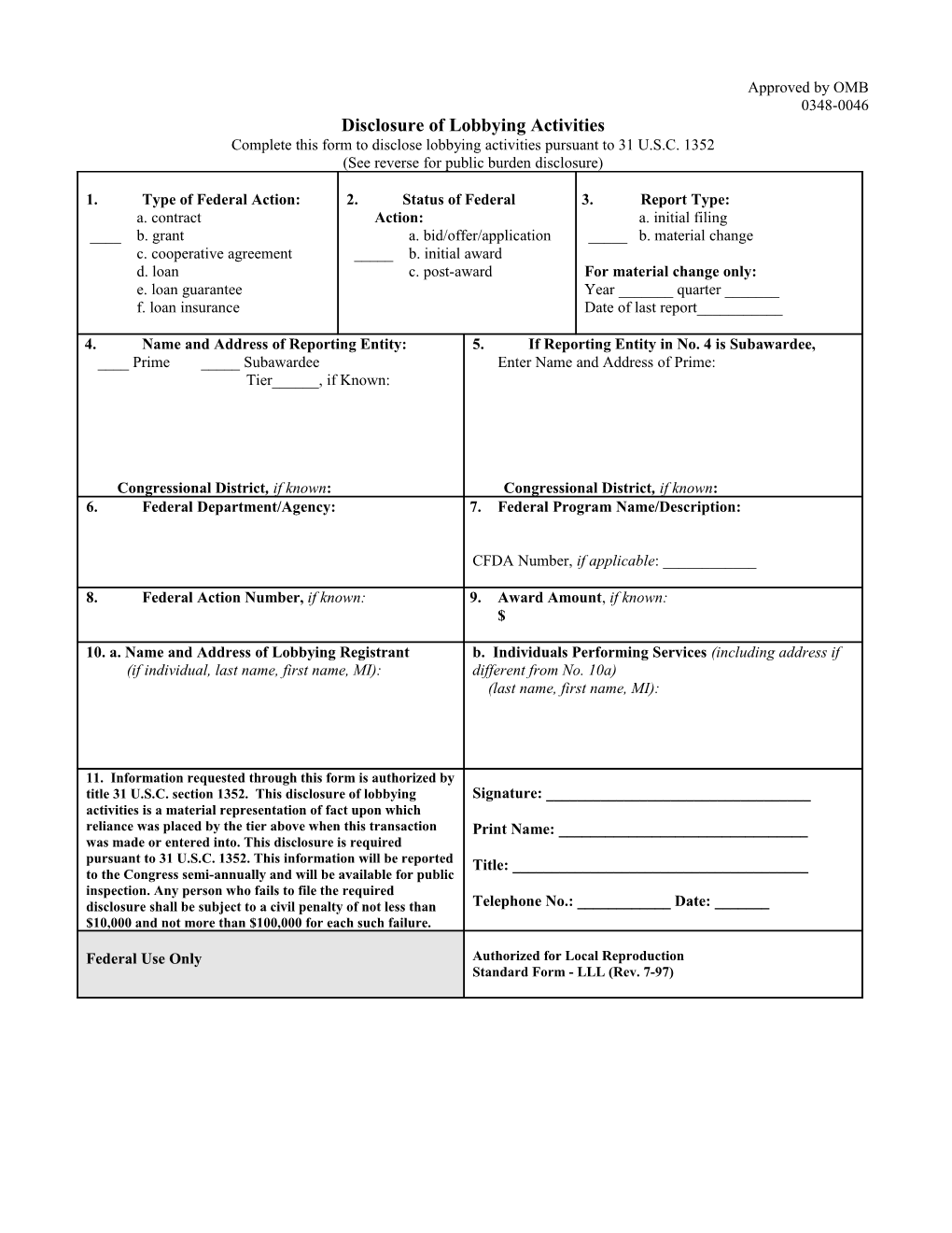 Disclosure of Lobbying Activities Form