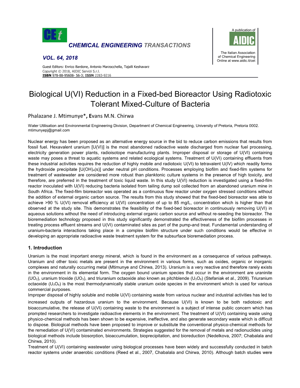 Biological U(VI) Reduction in a Fixed-Bed Bioreactor Using Radiotoxic Tolerant Mixed-Culture