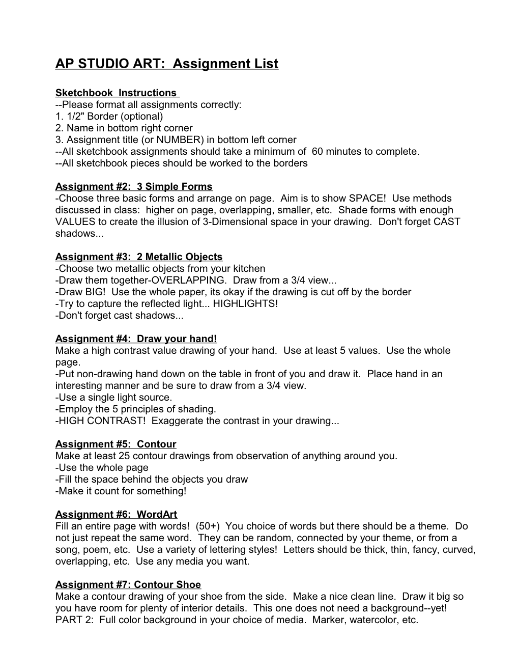 AP STUDIO ART: Assignment List