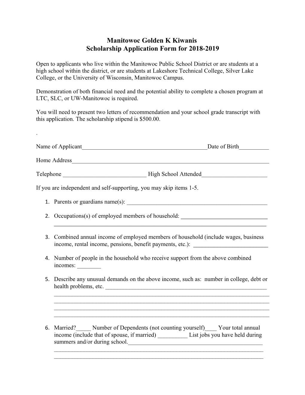 Scholarship Application Form for 2018-2019
