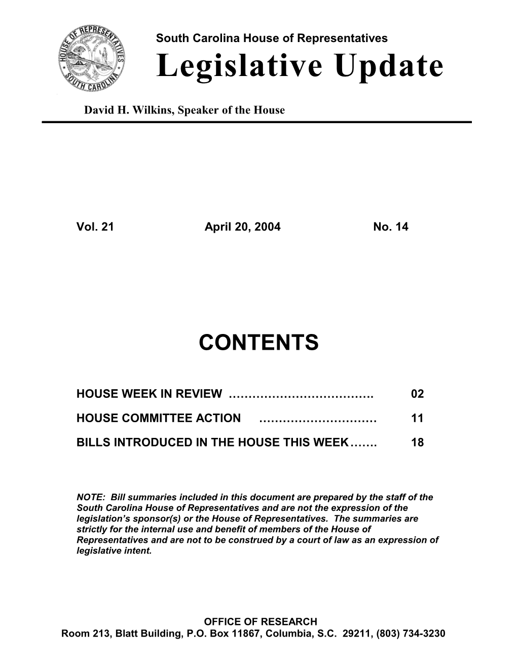 Legislative Update - Vol. 21 No. 14 April 20, 2004 - South Carolina Legislature Online