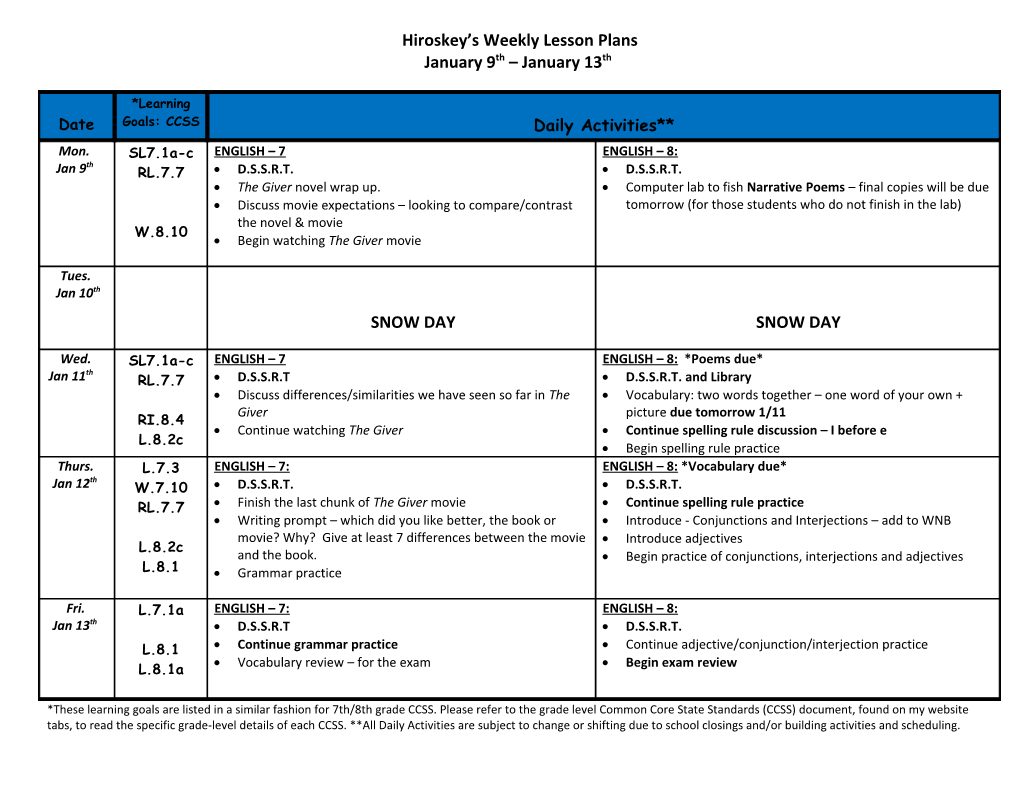 Hiroskey S Weekly Lesson Plans