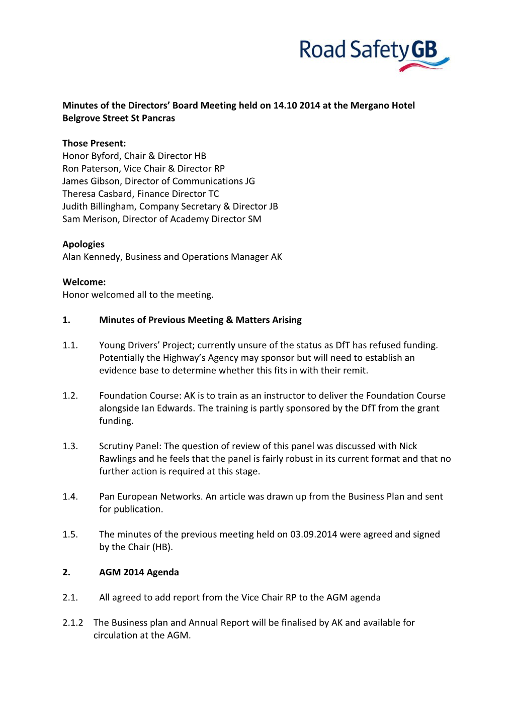 Minutes of the Directors Board Meeting Held on 14.10 2014 at the Mergano Hotel Belgrove