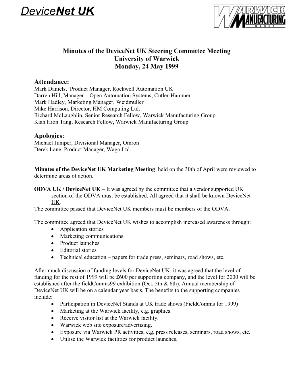 Minutes of the Devicenet UK Steering Committee Meeting