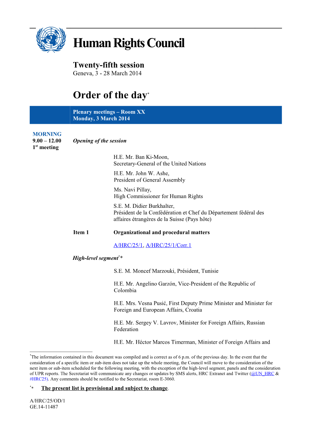 Order of the Day, Monday 3 March 2014 in English (Word)