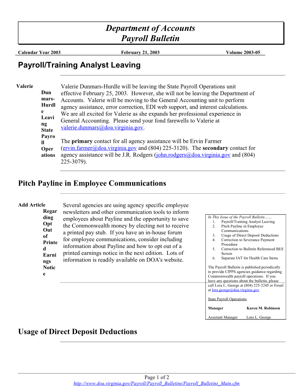 Payroll Bulletin, Volume 2003-05