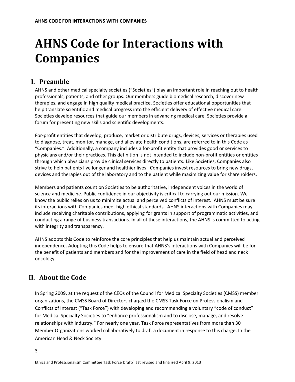 AHNS Code for Interactions with Companies