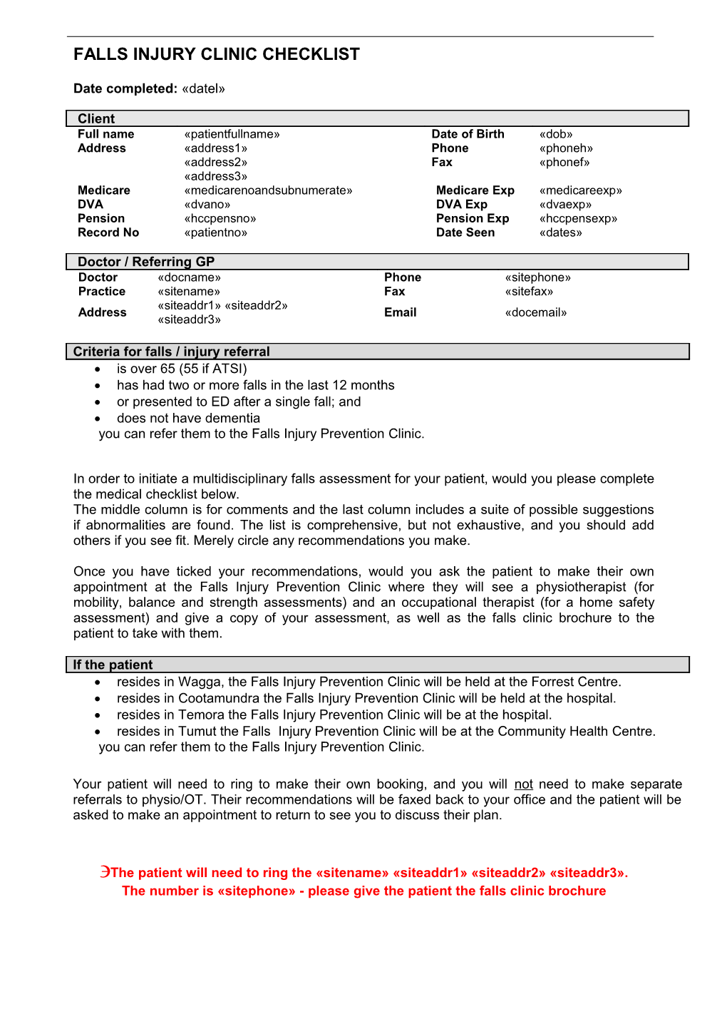 Falls Injury Clinic Checklist