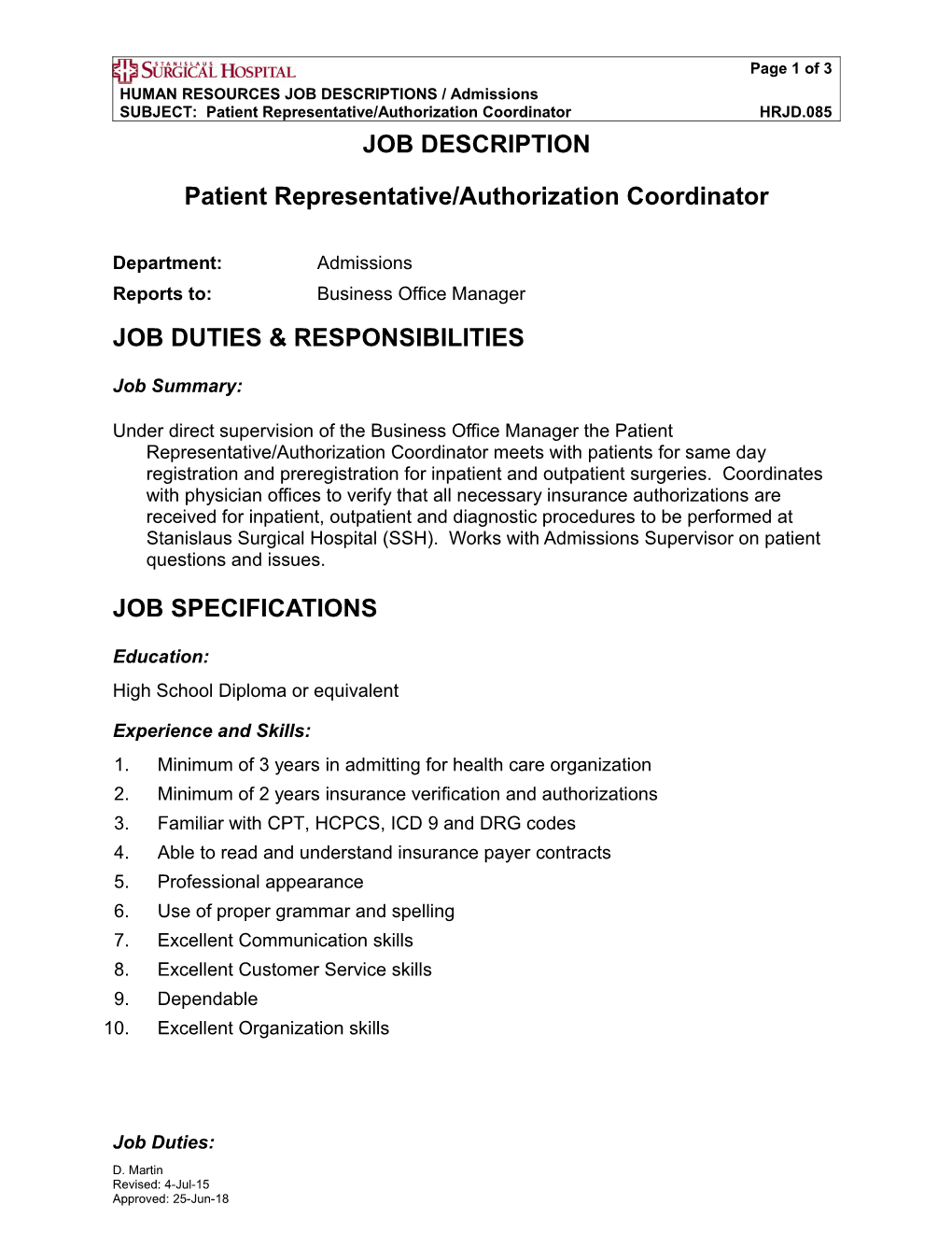 HRJD. Patient Representative Authorization Coordinator