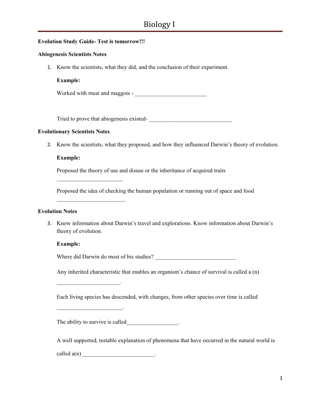 Evolution Study Guide- Test Is Tomorrow