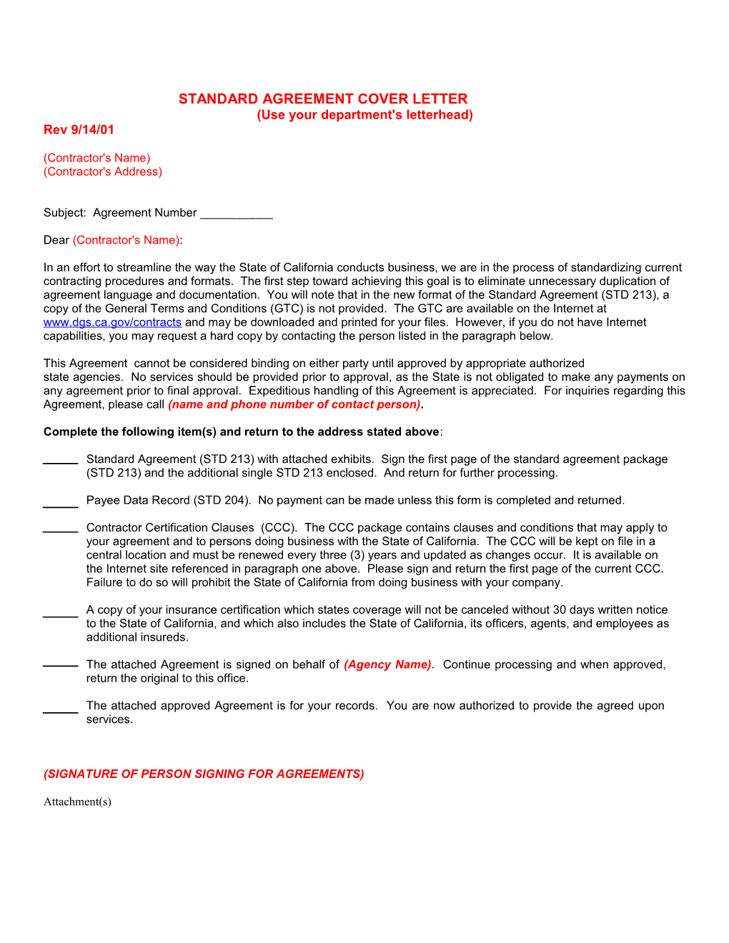 Standard Agreement Cover Letter