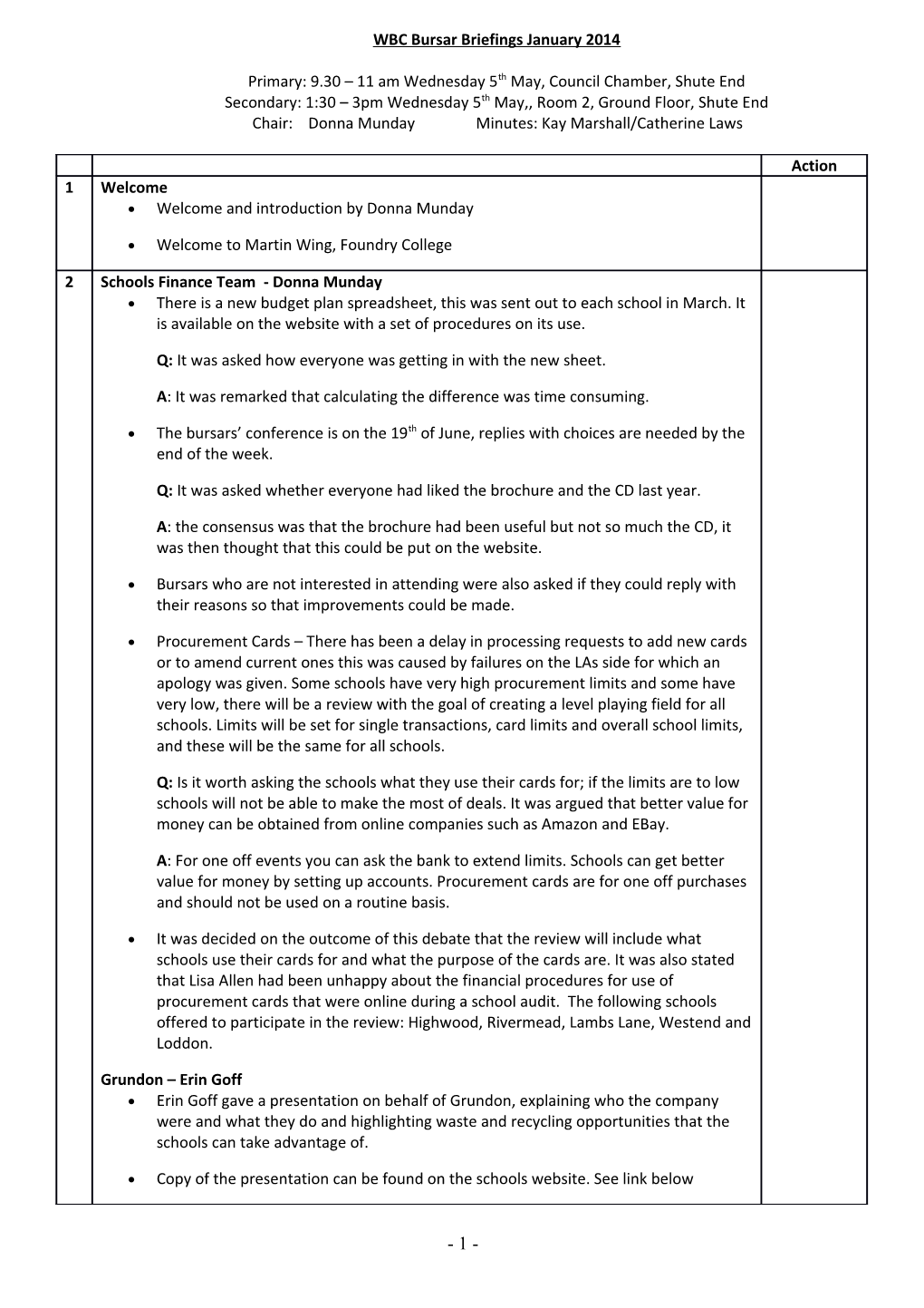 Bursar Briefings - Agenda Suggestions