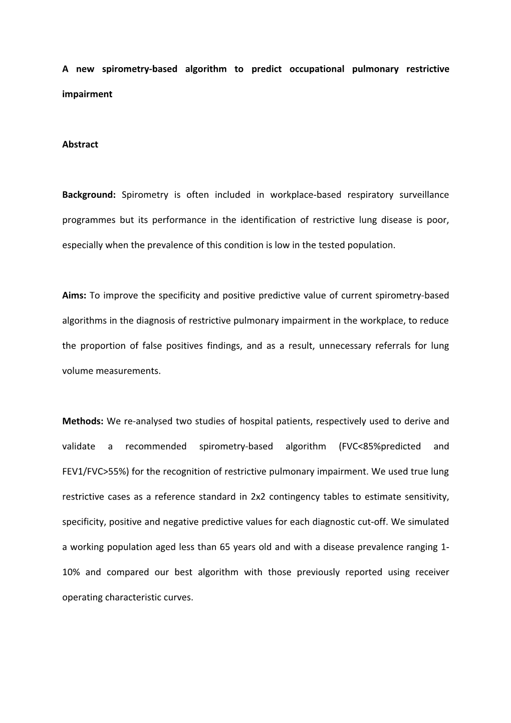 A New Spirometry-Based Algorithm to Predict Occupational Pulmonary Restrictive Impairment