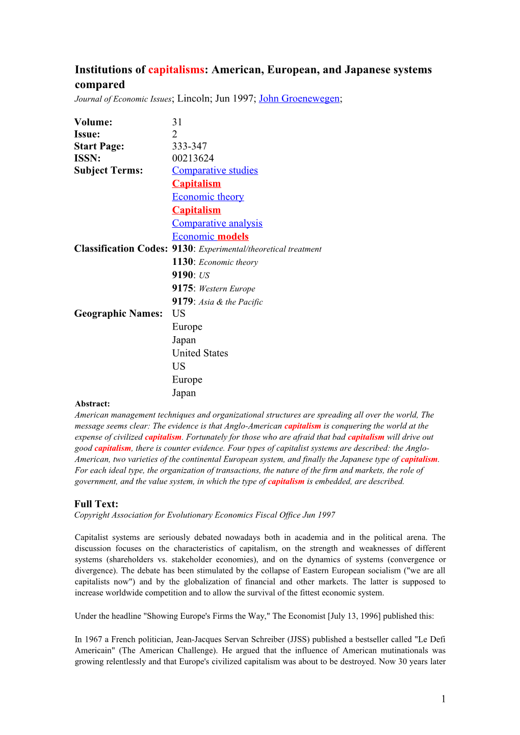 Institutions of Capitalisms: American, European, and Japanese Systems Compared