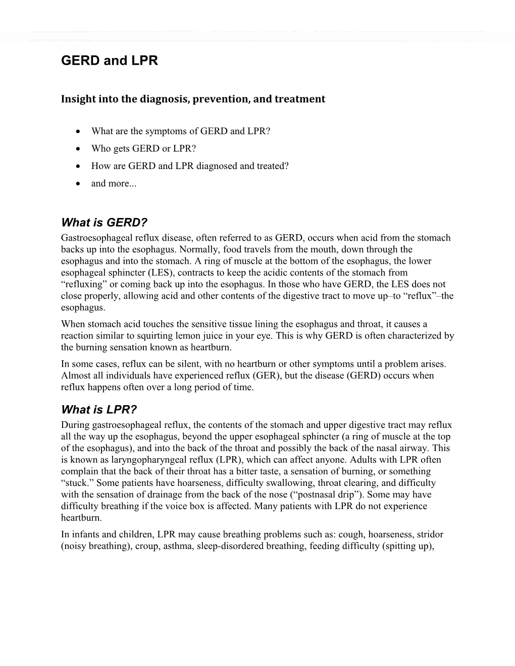 Gastroesphageal Reflux (GERD) & Laryngopharyngeal Reflux (LPR)