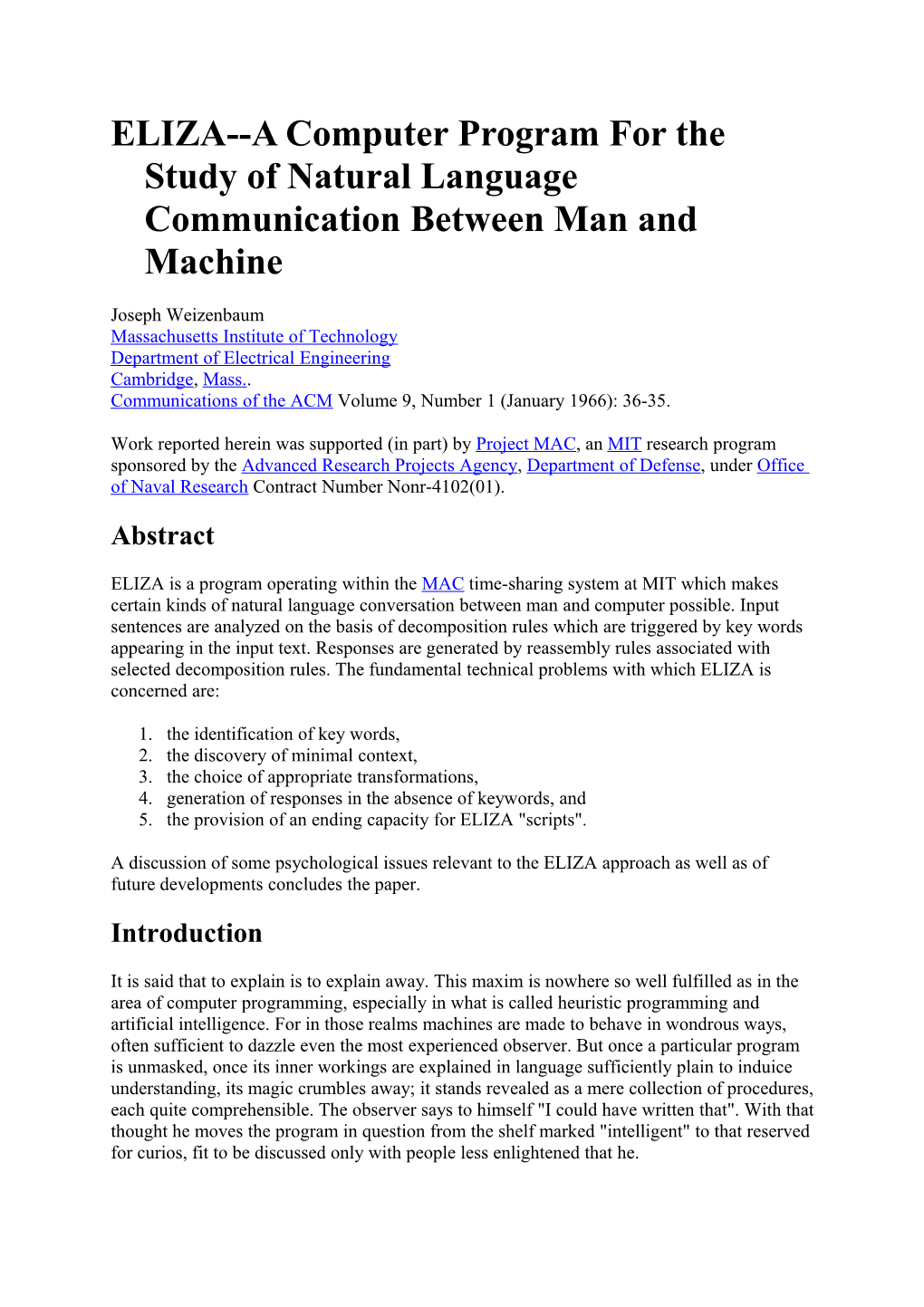 ELIZA a Computer Program for the Study of Natural Language Communication Between Man and Machine