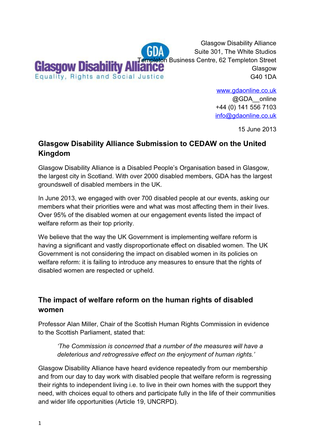 Glasgow Disability Alliance Submission to CEDAW on the United Kingdom