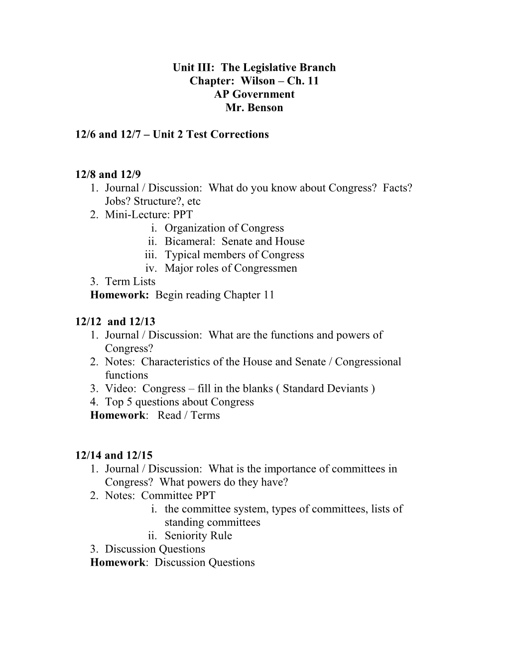 Unit III: the Legislative Branch