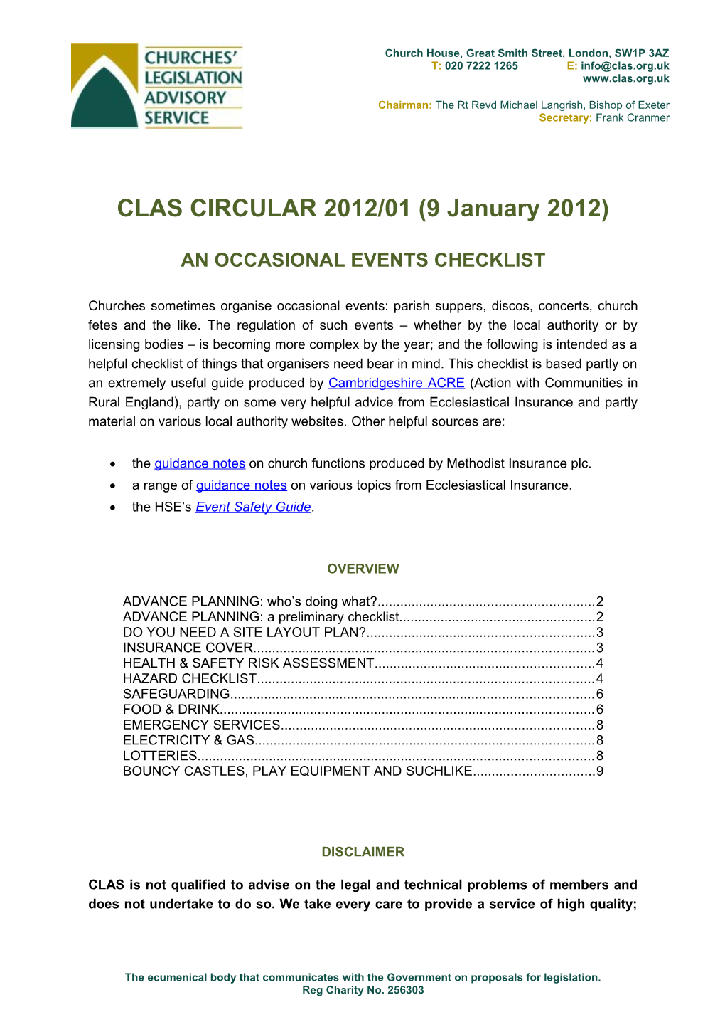 Churches Legislation Advisory Service 2012/01: Occasional Events Checklist